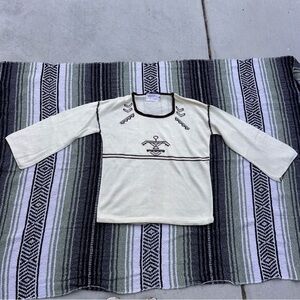 Vintage 70s knit cream and brown sweater with tribal design and bell sleeves